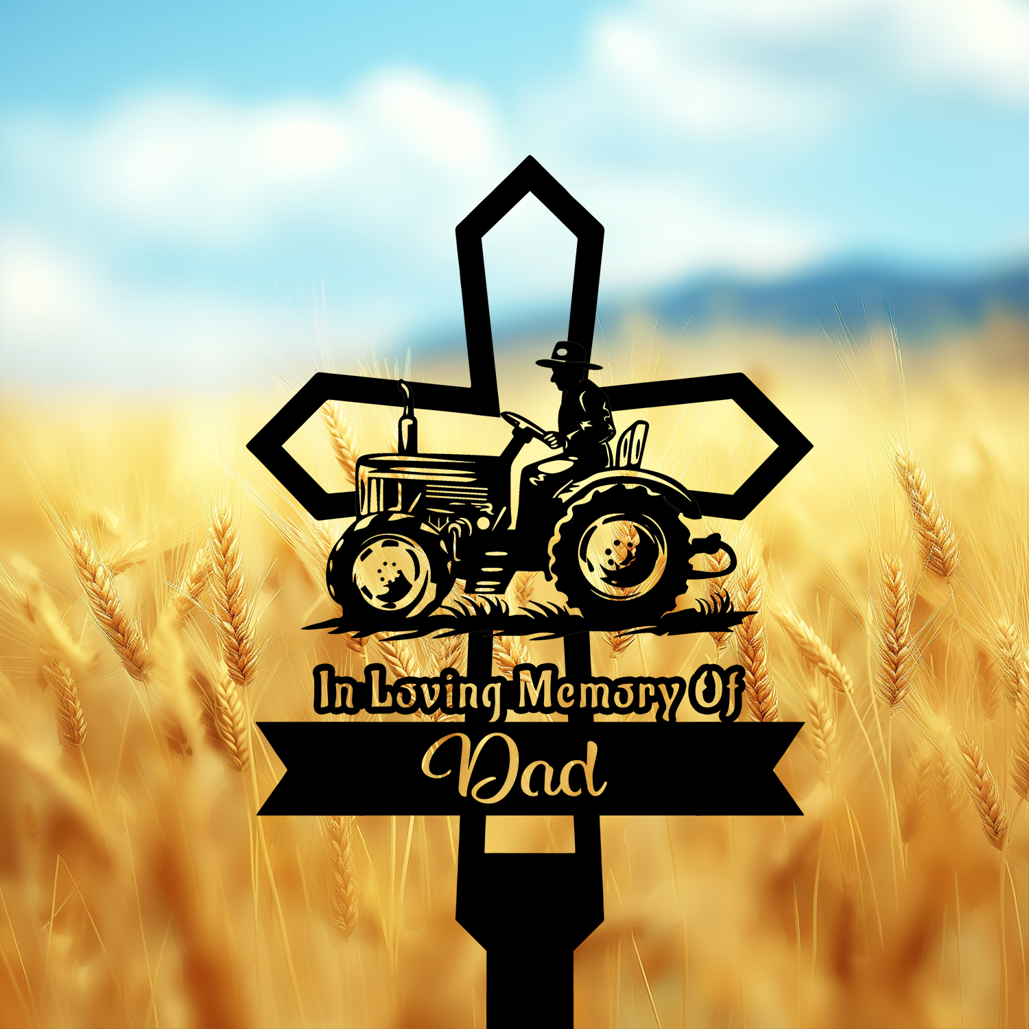 DINOZOZOCOM Personalized Memorial Garden Stakes Vintage Farmeron Tractor Cross Grave Marker Farmer Loss Gift Remembrance Stake 4