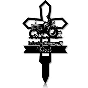 DINOZOZOCOM Personalized Memorial Garden Stakes Vintage Farmeron Tractor Cross Grave Marker, Farmer Loss Gift, Remembrance Stake
