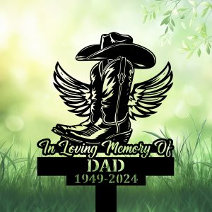 DINOZOZOCOM Personalized Memorial Garden Stakes, Vintage In Loving Memory Cowboy Boots Hat with Wings Grave Marker, Loss of Loved One, Sympathy Gifts, Cowboy Cemetary Decor