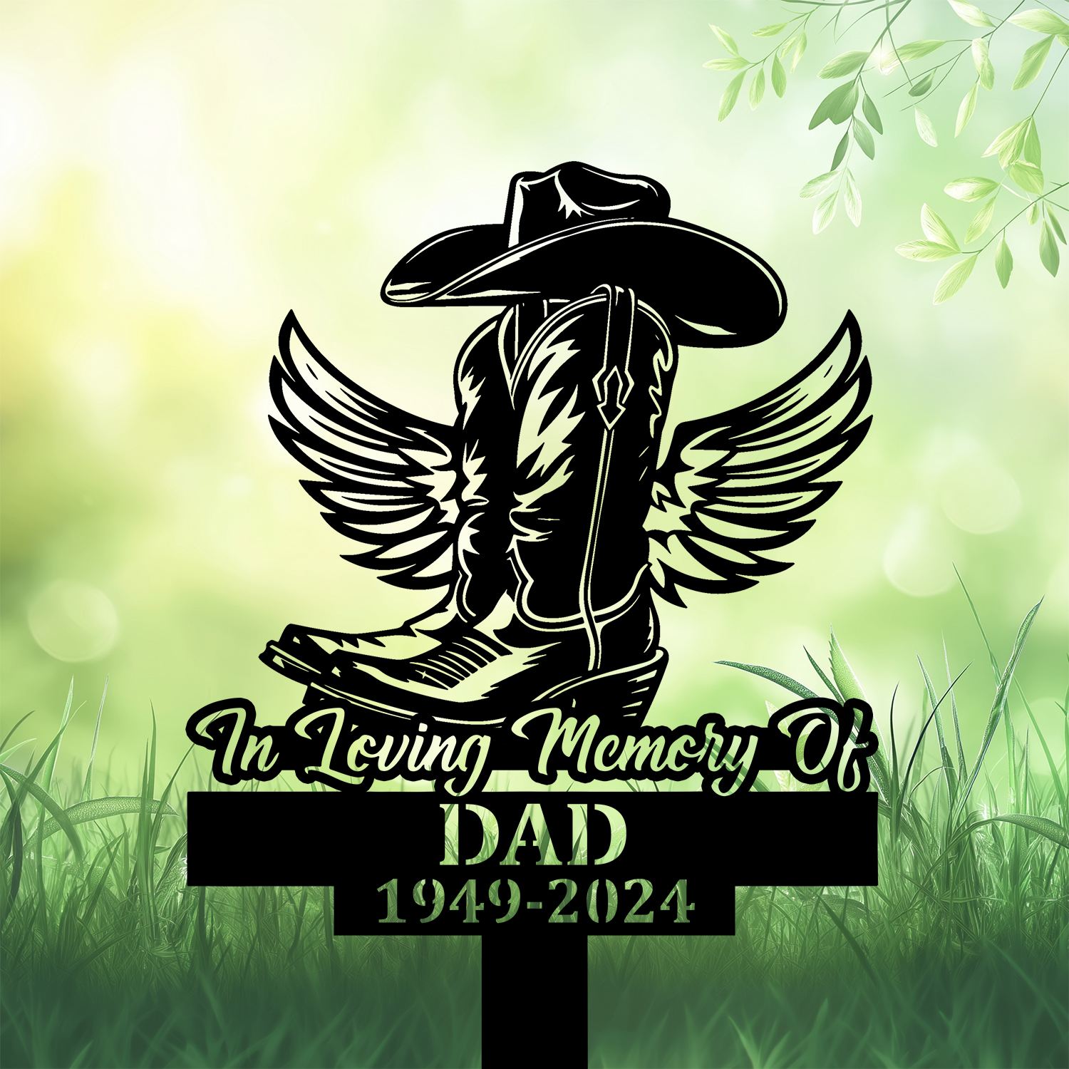 DINOZOZOCOM Personalized Memorial Garden Stakes Vintage In Loving Memory Cowboy Boots Hat with Wings Grave Marker Loss of Loved One Sympathy Gifts Cowboy Cemetary Decor 1