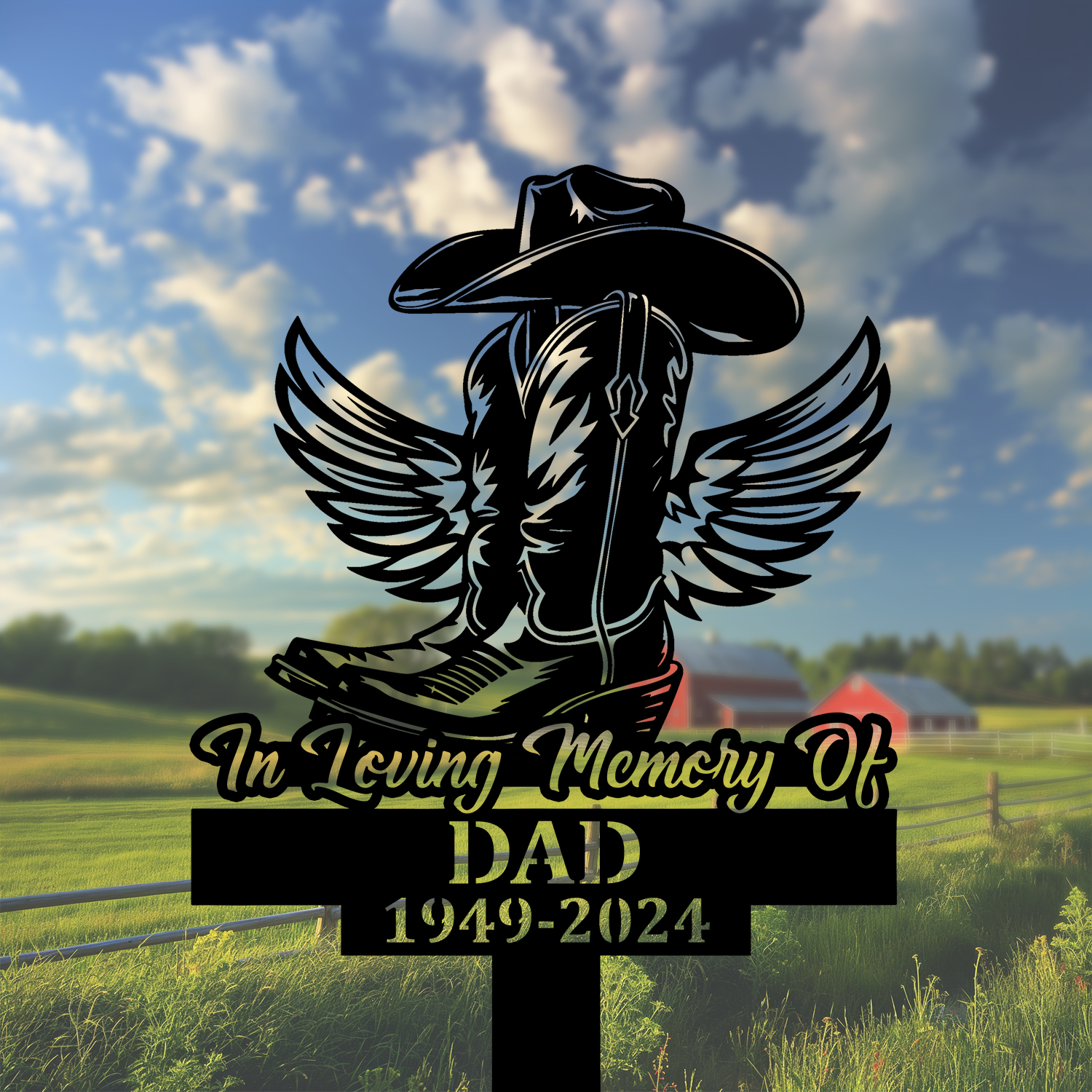 DINOZOZOCOM Personalized Memorial Garden Stakes Vintage In Loving Memory Cowboy Boots Hat with Wings Grave Marker Loss of Loved One Sympathy Gifts Cowboy Cemetary Decor 2