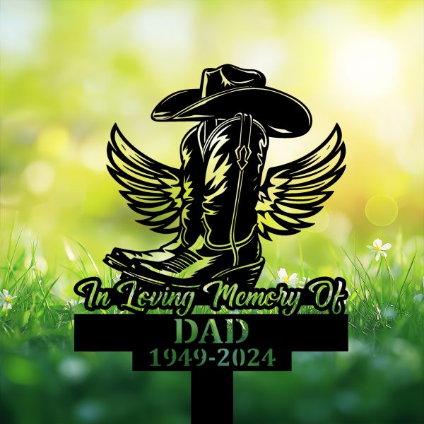DINOZOZOCOM Personalized Memorial Garden Stakes Vintage In Loving Memory Cowboy Boots Hat with Wings Grave Marker Loss of Loved One Sympathy Gifts Cowboy Cemetary Decor 3