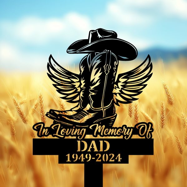 DINOZOZOCOM Personalized Memorial Garden Stakes Vintage In Loving Memory Cowboy Boots Hat with Wings Grave Marker Loss of Loved One Sympathy Gifts Cowboy Cemetary Decor 4