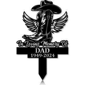 DINOZOZOCOM Personalized Memorial Garden Stakes, Vintage In Loving Memory Cowboy Boots Hat with Wings Grave Marker, Loss of Loved One, Sympathy Gifts, Cowboy Cemetary Decor