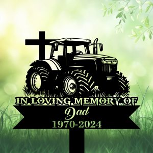 DINOZOZOCOM Personalized Memorial Garden Stakes Vintage Tratcor with Cross Farmer Dad Grave Marker, Farmer Loss Gift, Remembrance Stake
