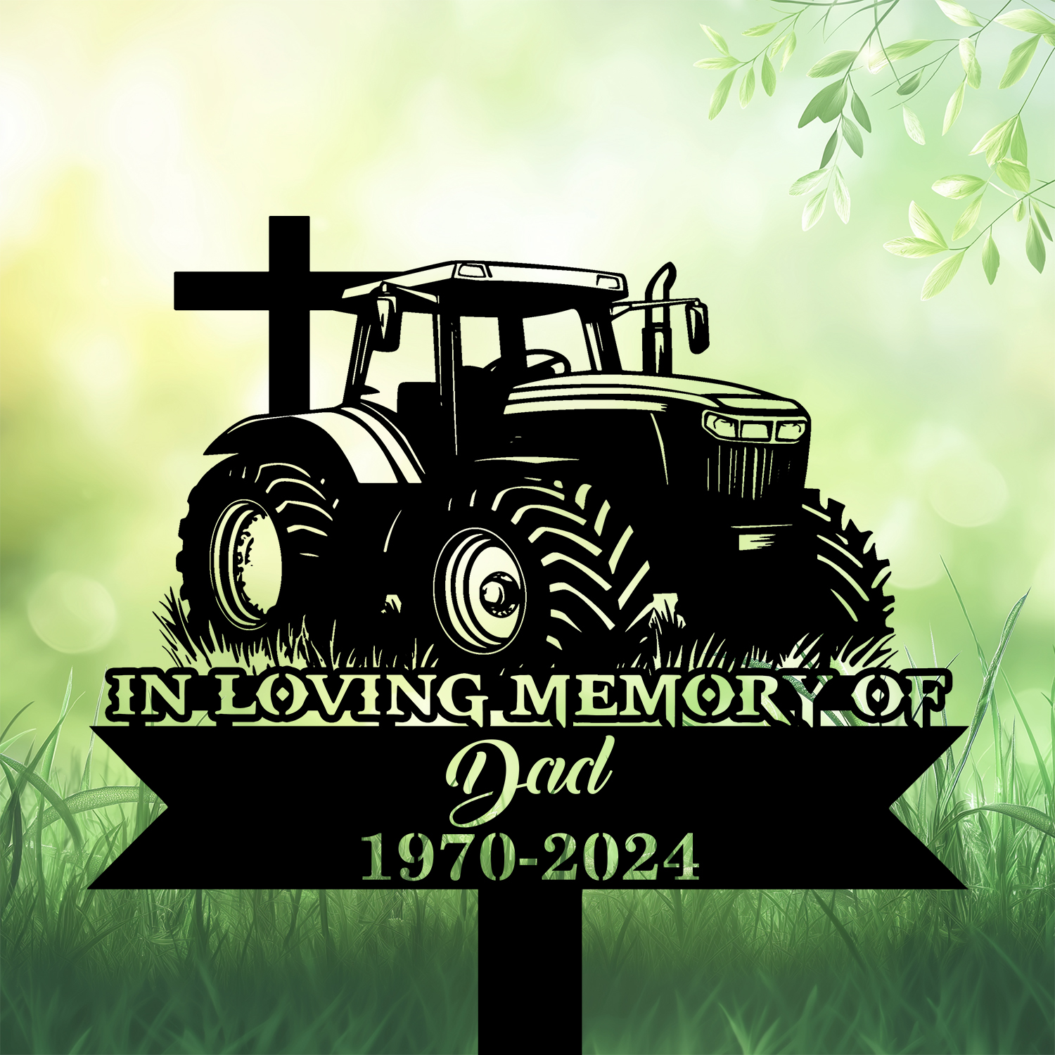 DINOZOZOCOM Personalized Memorial Garden Stakes Vintage Tratcor with Cross Farmer Dad Grave Marker Farmer Loss Gift Remembrance Stake 1