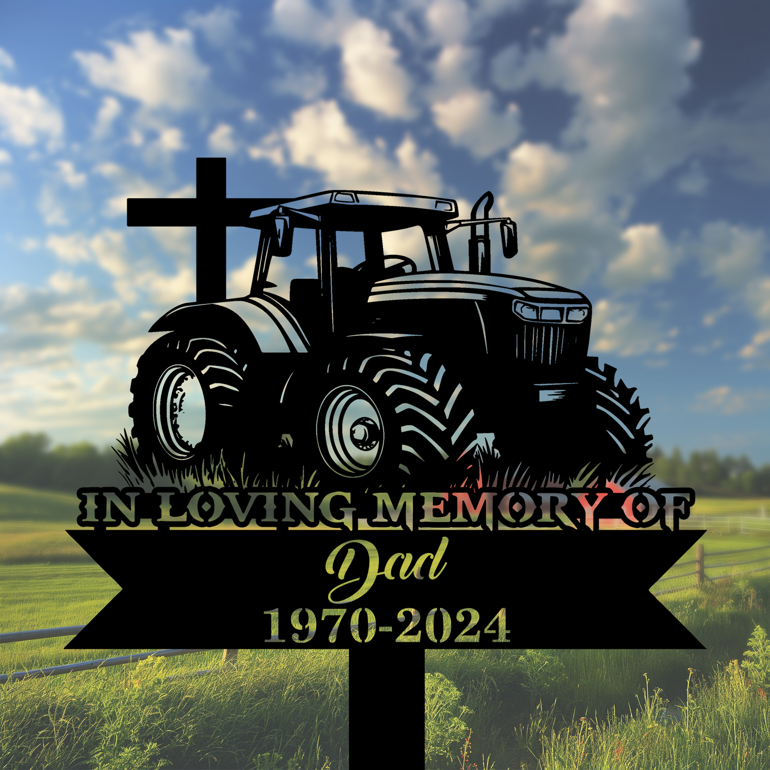 DINOZOZOCOM Personalized Memorial Garden Stakes Vintage Tratcor with Cross Farmer Dad Grave Marker Farmer Loss Gift Remembrance Stake 2