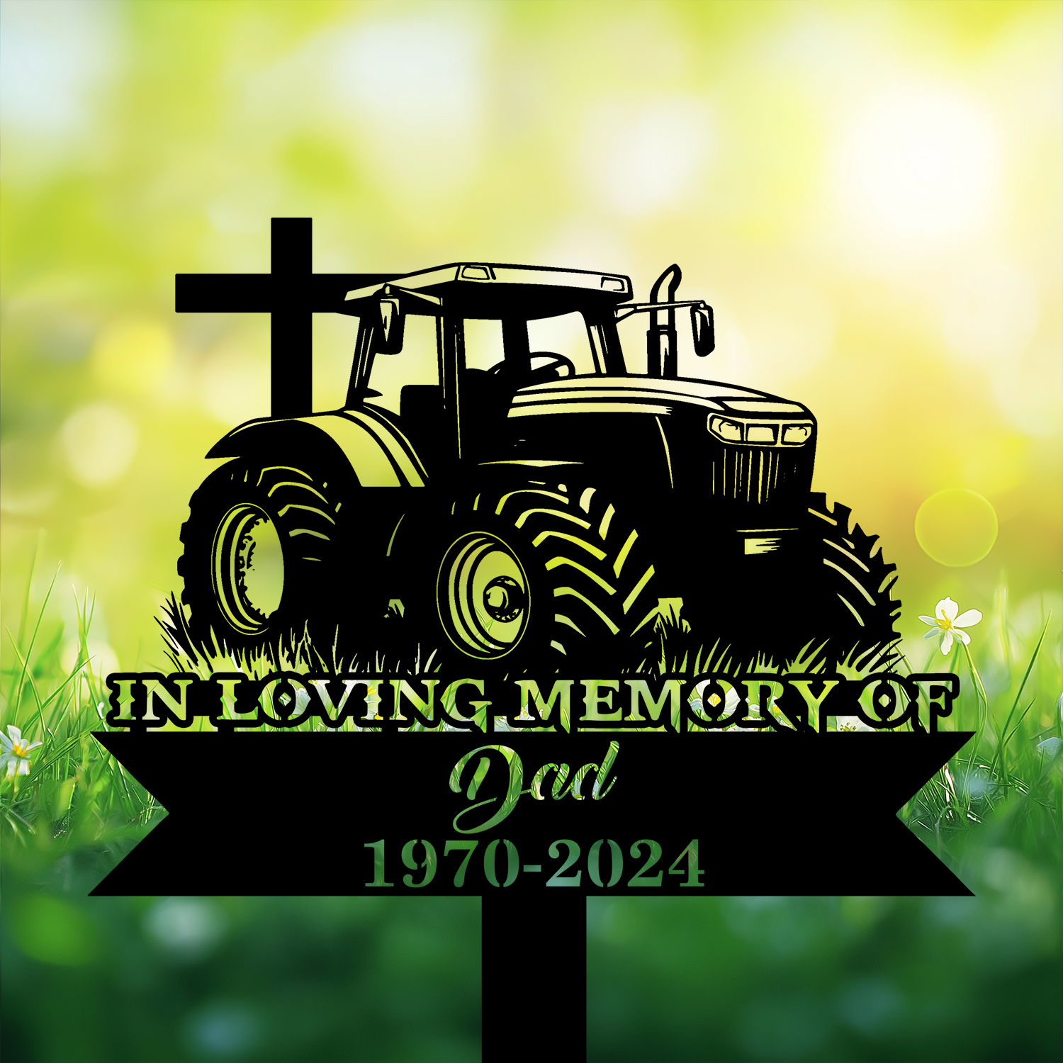 DINOZOZOCOM Personalized Memorial Garden Stakes Vintage Tratcor with Cross Farmer Dad Grave Marker Farmer Loss Gift Remembrance Stake 3