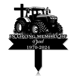 DINOZOZOCOM Personalized Memorial Garden Stakes Vintage Tratcor with Cross Farmer Dad Grave Marker, Farmer Loss Gift, Remembrance Stake