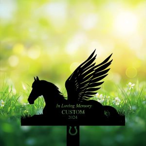 DINOZOZOCOM Personalized Memorial Garden Stakes, Angel Horse Lying Down Grave Marker, Loss of Horse, Sympathy Gifts, Horse Cemetary Decor