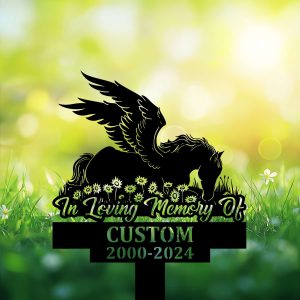 DINOZOZOCOM Personalized Memorial Garden Stakes, Angel Horse Sleeping on Daisy Flowers Grave Marker, Loss of Horse, Sympathy Gifts, Horse Cemetary Decor