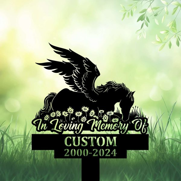 DINOZOZOCOM Personalized Memorial Garden Stakes, Angel Horse Sleeping on Daisy Flowers Grave Marker, Loss of Horse, Sympathy Gifts, Horse Cemetary Decor