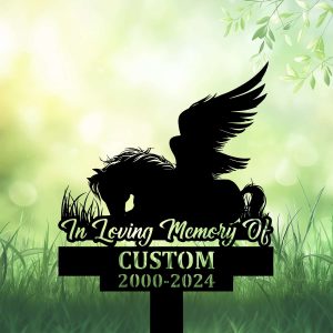 DINOZOZOCOM Personalized Memorial Garden Stakes Angel Horse Sleeping on Grass Grave Marker Loss of Horse Sympathy Gifts Horse Cemetary Decor 3