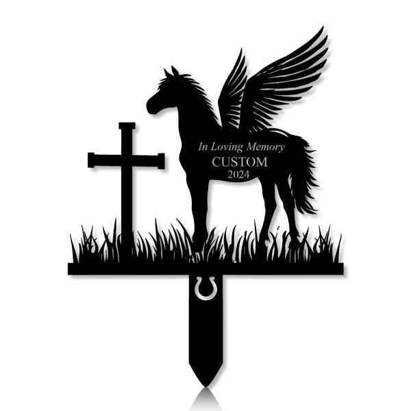 DINOZOZOCOM Personalized Memorial Garden Stakes, Angel Horse Standing Beside a Cross Grave Marker, Loss of Horse, Sympathy Gifts, Horse Cemetary Decor