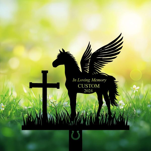 DINOZOZOCOM Personalized Memorial Garden Stakes, Angel Horse Standing Beside a Cross Grave Marker, Loss of Horse, Sympathy Gifts, Horse Cemetary Decor