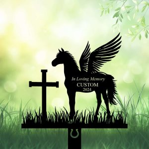 DINOZOZOCOM Personalized Memorial Garden Stakes Angel Horse Standing Beside a Cross Grave Marker Loss of Horse Sympathy Gifts Horse Cemetary Decor 3