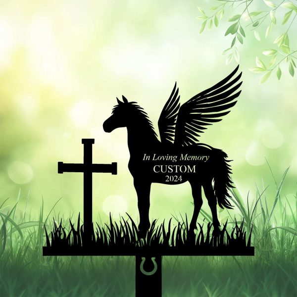 DINOZOZOCOM Personalized Memorial Garden Stakes, Angel Horse Standing Beside a Cross Grave Marker, Loss of Horse, Sympathy Gifts, Horse Cemetary Decor