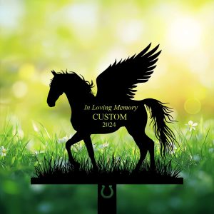 DINOZOZOCOM Personalized Memorial Garden Stakes Angel Horse Standing Proudly on Grass Grave Marker Loss of Horse Sympathy Gifts Horse Cemetary Decor 1