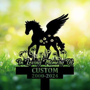 DINOZOZOCOM Personalized Memorial Garden Stakes, Angel Horse Standing on Daisy Flower Grave Marker, Loss of Horse, Sympathy Gifts, Horse Cemetary Decor