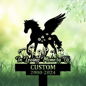 DINOZOZOCOM Personalized Memorial Garden Stakes Angel Horse Standing on Daisy Flower Grave Marker Loss of Horse Sympathy Gifts Horse Cemetary Decor 3