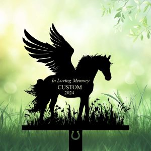 DINOZOZOCOM Personalized Memorial Garden Stakes Angel Horse Standing on Grass Grave Marker Loss of Horse Sympathy Gifts Horse Cemetary Decor 3