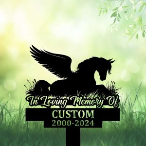 DINOZOZOCOM Personalized Memorial Garden Stakes, Angel Pony Horse Sleeping on Grass Grave Marker, Loss of Pony Horse, Sympathy Gifts, Pony Horse Cemetary Decor