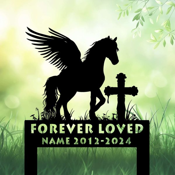 DINOZOZOCOM Personalized Memorial Garden Stakes, Angel Pony Horse Standing Beside a Cross Grave Marker, Loss of Pony Horse, Sympathy Gifts, Pony Horse Cemetary Decor