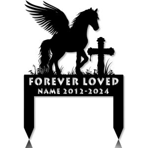 DINOZOZOCOM Personalized Memorial Garden Stakes, Angel Pony Horse Standing Beside a Cross Grave Marker, Loss of Pony Horse, Sympathy Gifts, Pony Horse Cemetary Decor