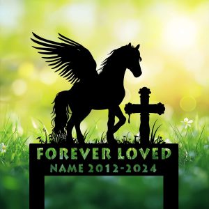 DINOZOZOCOM Personalized Memorial Garden Stakes Angel Pony Horse Standing Beside a Cross Grave Marker Loss of Pony Horse Sympathy Gifts Pony Horse Cemetary Decor 3