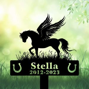 DINOZOZOCOM Personalized Memorial Garden Stakes, Angel Pony Horse Standing Proudly on Grass Grave Marker, Loss of Pony Horse, Sympathy Gifts, Pony Horse Cemetary Decor