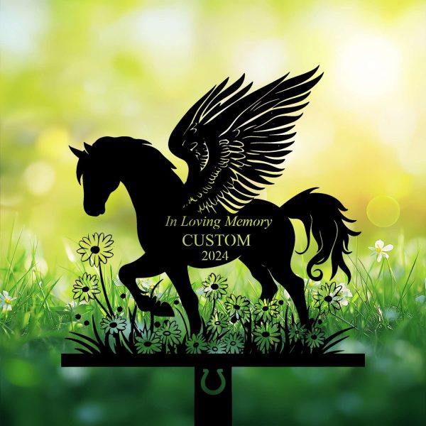 DINOZOZOCOM Personalized Memorial Garden Stakes, Angel Pony Horse Standing on Daisy Flower Grave Marker, Loss of Pony Horse, Sympathy Gifts, Pony Horse Cemetary Decor