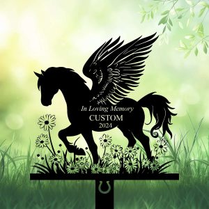 DINOZOZOCOM Personalized Memorial Garden Stakes, Angel Pony Horse Standing on Daisy Flower Grave Marker, Loss of Pony Horse, Sympathy Gifts, Pony Horse Cemetary Decor