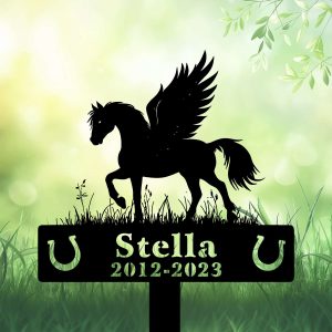 DINOZOZOCOM Personalized Memorial Garden Stakes, Angel Pony Horse Standing on Grass Grave Marker, Loss of Pony Horse, Sympathy Gifts, Pony Horse Cemetary Decor