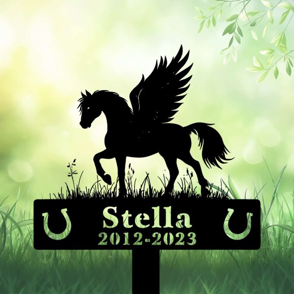 DINOZOZOCOM Personalized Memorial Garden Stakes, Angel Pony Horse Standing on Grass Grave Marker, Loss of Pony Horse, Sympathy Gifts, Pony Horse Cemetary Decor