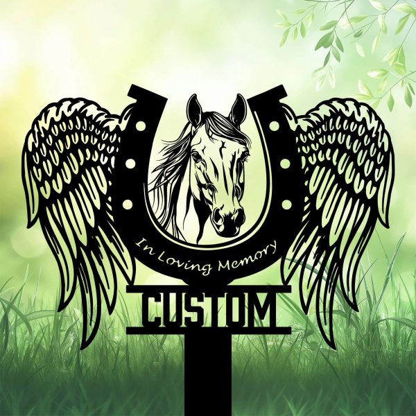 DINOZOZOCOM Personalized Memorial Garden Stakes, Elegant Horse with Wings Grave Marker, Loss of Horse, Sympathy Gifts, Horse Cemetary Decor