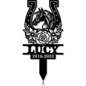 DINOZOZOCOM Personalized Memorial Garden Stakes, Floral Horseshoes Horse Grave Marker, Loss of Horse, Sympathy Gifts, Horse Cemetary Decor