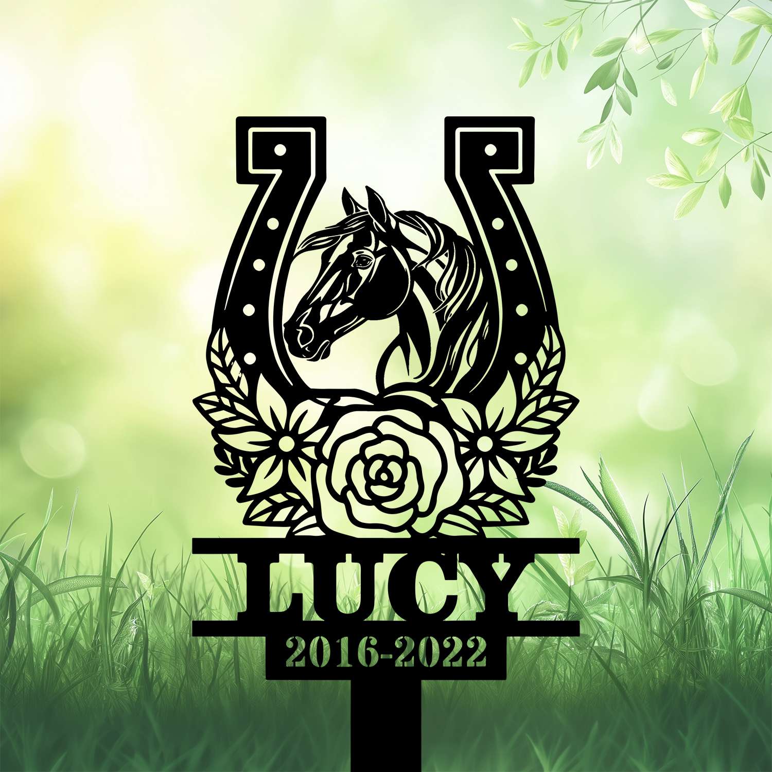 DINOZOZOCOM Personalized Memorial Garden Stakes Floral Horseshoes Horse Grave Marker Loss of Horse Sympathy Gifts Horse Cemetary Decor 3