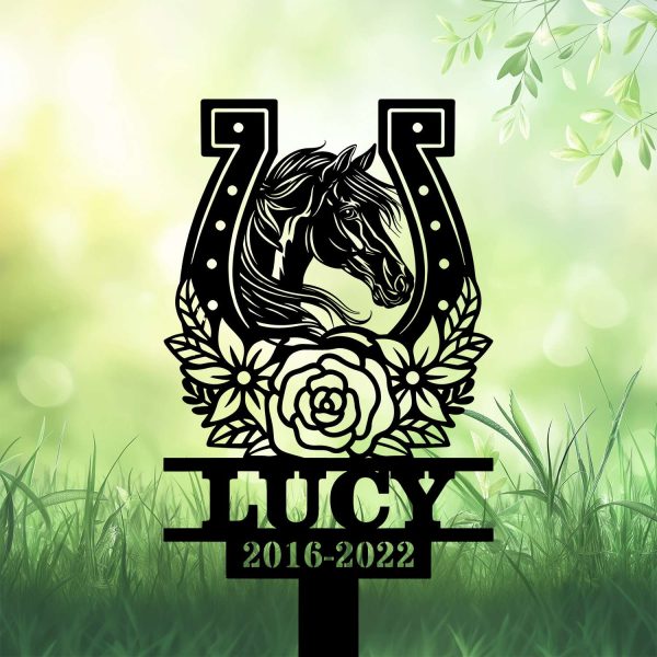 DINOZOZOCOM Personalized Memorial Garden Stakes Floral Horseshoes Pony Horse Grave Marker Loss of Pony Horse Sympathy Gifts Pony Horse Cemetary Decor 1