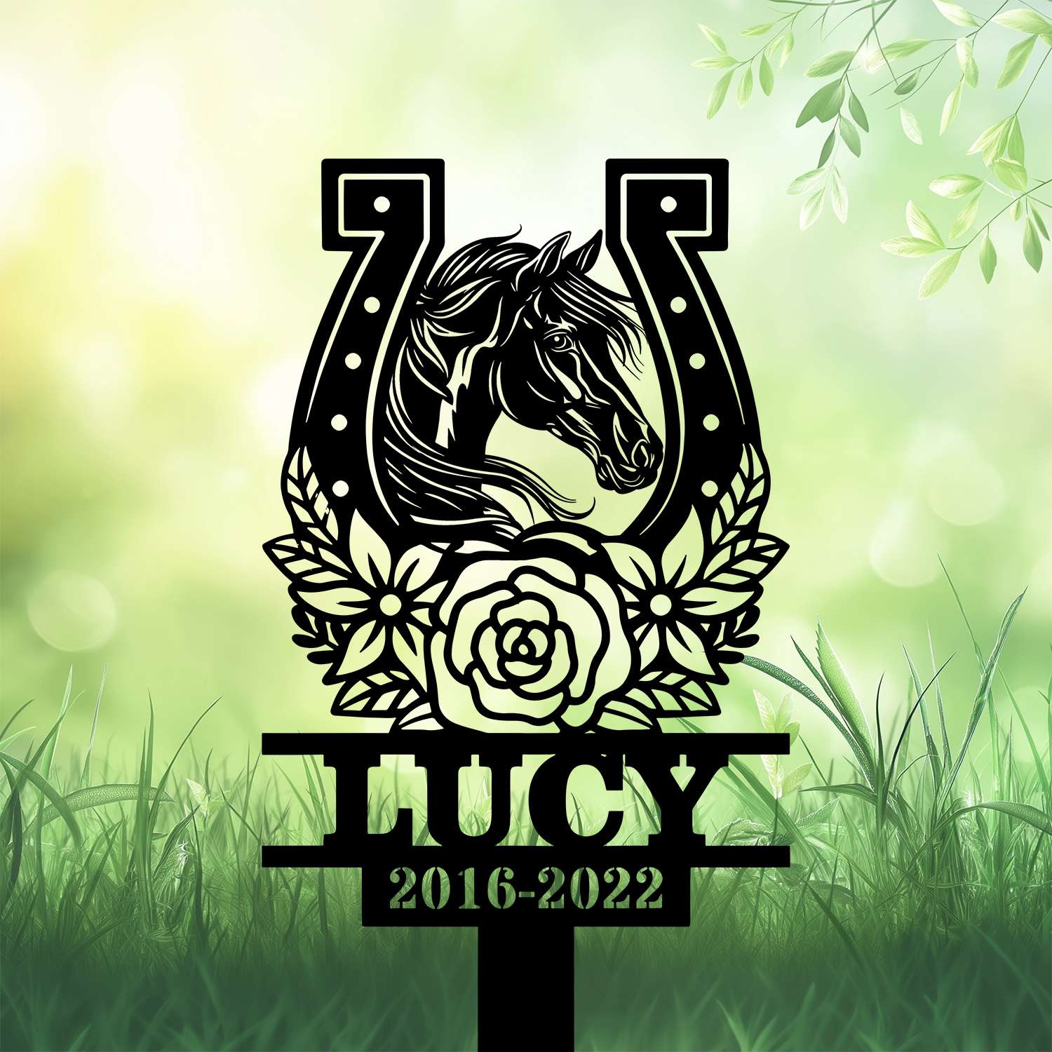 DINOZOZOCOM Personalized Memorial Garden Stakes Floral Horseshoes Pony Horse Grave Marker Loss of Pony Horse Sympathy Gifts Pony Horse Cemetary Decor 1