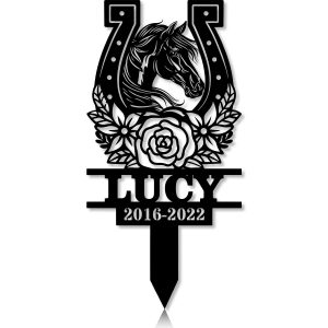 DINOZOZOCOM Personalized Memorial Garden Stakes, Floral Horseshoes Pony Horse Grave Marker, Loss of Pony Horse, Sympathy Gifts, Pony Horse Cemetary Decor