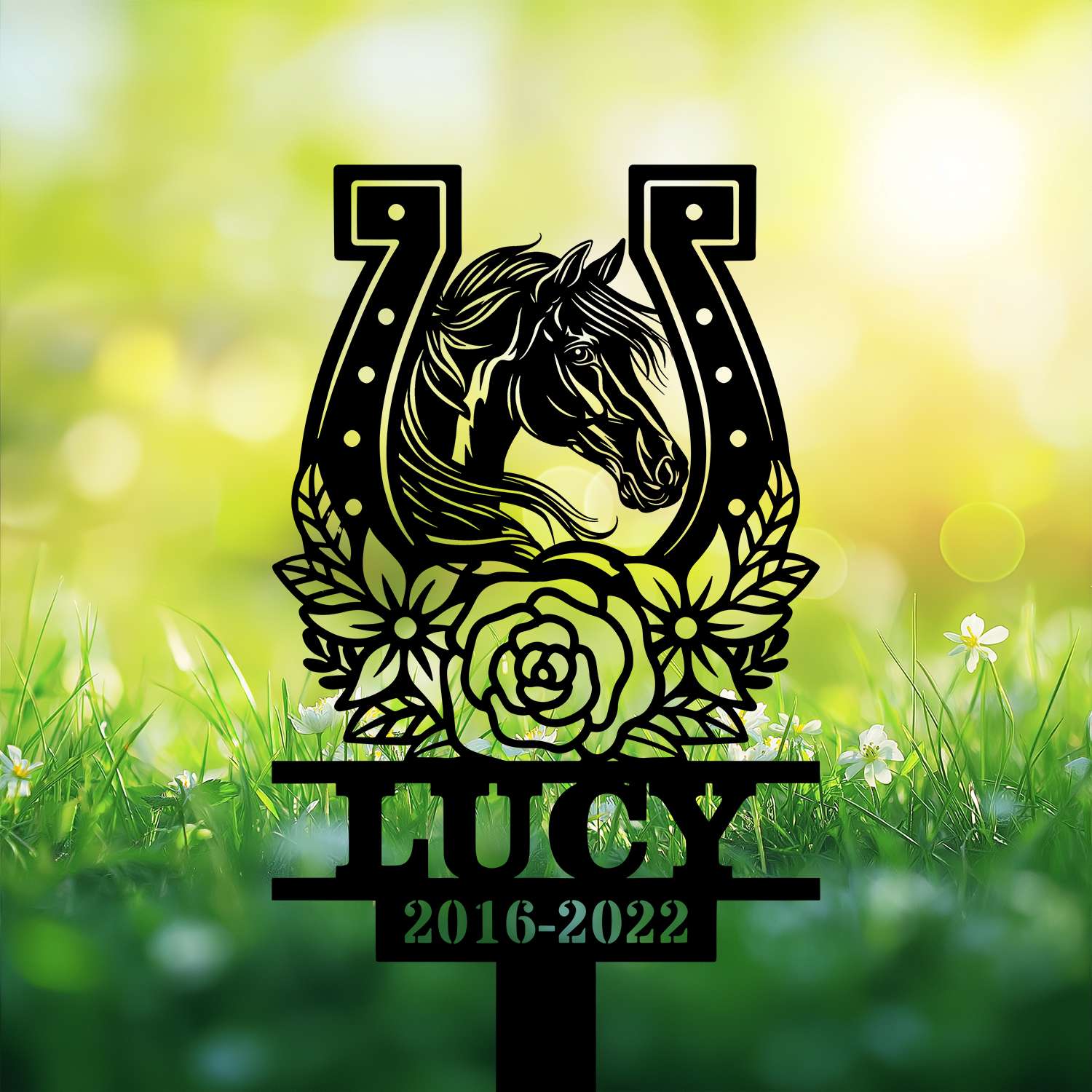 DINOZOZOCOM Personalized Memorial Garden Stakes Floral Horseshoes Pony Horse Grave Marker Loss of Pony Horse Sympathy Gifts Pony Horse Cemetary Decor 3