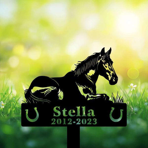 DINOZOZOCOM Personalized Memorial Garden Stakes, Horse Lying Down in Peace on Grass Grave Marker, Loss of Horse, Sympathy Gifts, Horse Cemetary Decor