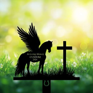 DINOZOZOCOM Personalized Memorial Garden Stakes, Horse with Wings Standing Beside a Cross Grave Marker, Loss of Horse, Sympathy Gifts, Horse Cemetary Decor