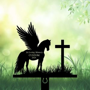 DINOZOZOCOM Personalized Memorial Garden Stakes Horse with Wings Standing Beside a Cross Grave Marker Loss of Horse Sympathy Gifts Horse Cemetary Decor 3