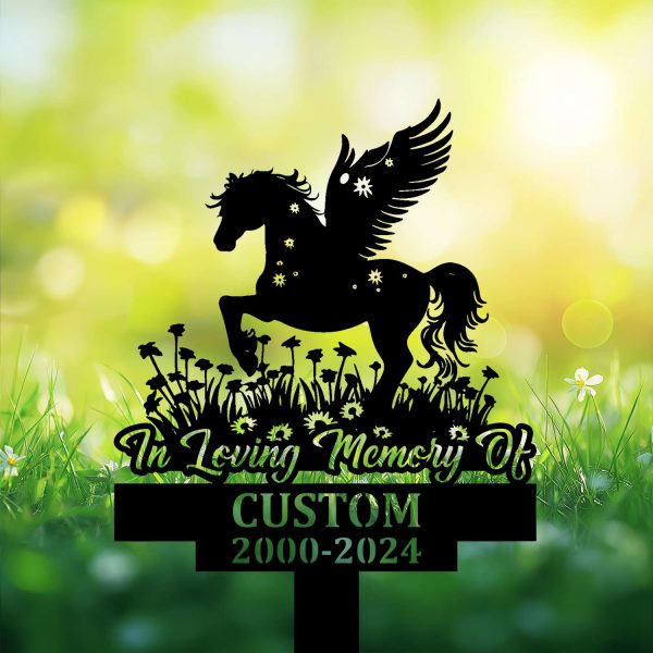 DINOZOZOCOM Personalized Memorial Garden Stakes, Horse with Wings Standing on Daisy Flowers Grave Marker, Loss of Horse, Sympathy Gifts, Horse Cemetary Decor