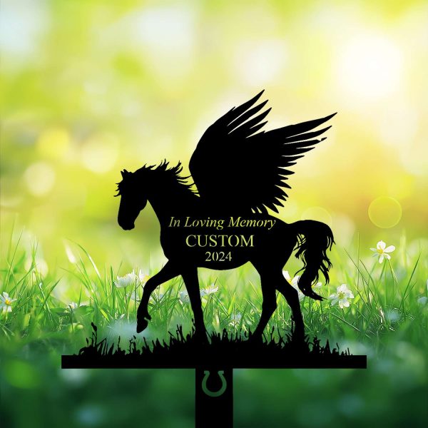 DINOZOZOCOM Personalized Memorial Garden Stakes, Horse with Wings Standing on Grass Grave Marker, Loss of Horse, Sympathy Gifts, Horse Cemetary Decor