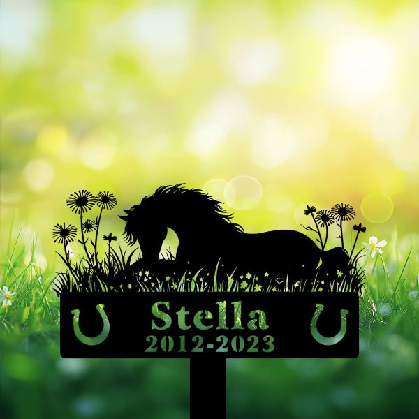 DINOZOZOCOM Personalized Memorial Garden Stakes, Pony Horse Sleeping on Grass Grave Marker, Loss of Pony Horse, Sympathy Gifts, Pony Horse Cemetary Decor