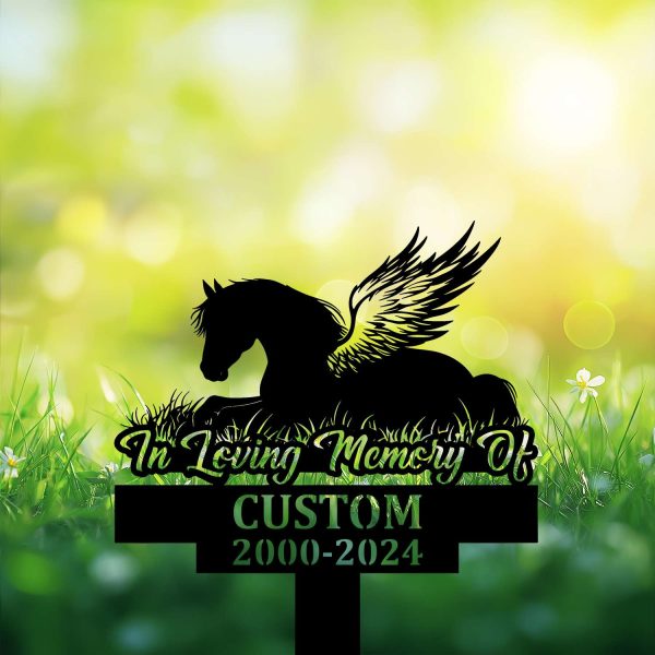 DINOZOZOCOM Personalized Memorial Garden Stakes, Pony Horse with Wings Lying Down Grave Marker, Loss of Pony Horse, Sympathy Gifts, Pony Horse Cemetary Decor