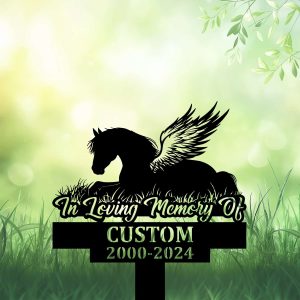 DINOZOZOCOM Personalized Memorial Garden Stakes, Pony Horse with Wings Lying Down Grave Marker, Loss of Pony Horse, Sympathy Gifts, Pony Horse Cemetary Decor