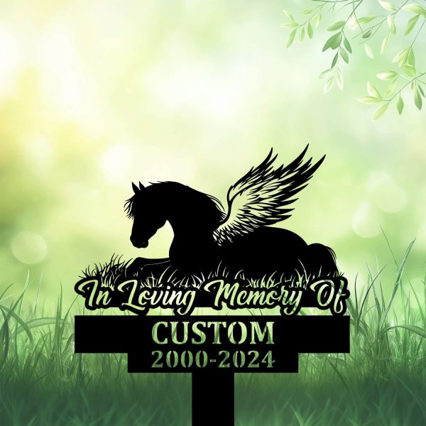 DINOZOZOCOM Personalized Memorial Garden Stakes, Pony Horse with Wings Lying Down Grave Marker, Loss of Pony Horse, Sympathy Gifts, Pony Horse Cemetary Decor